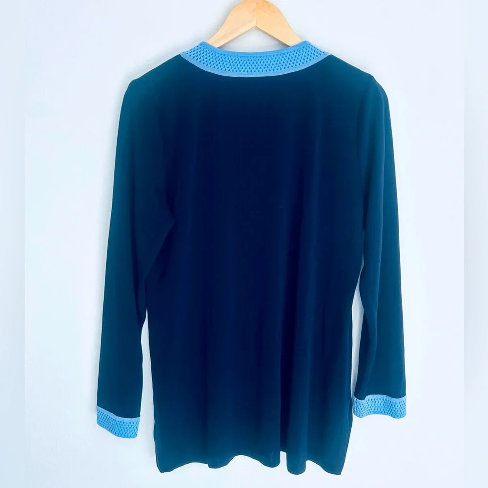 Misook Knit Navy Blue With Light Blue Trim Tunic Long Sleeve Top Size Large - Picture 2 of 7